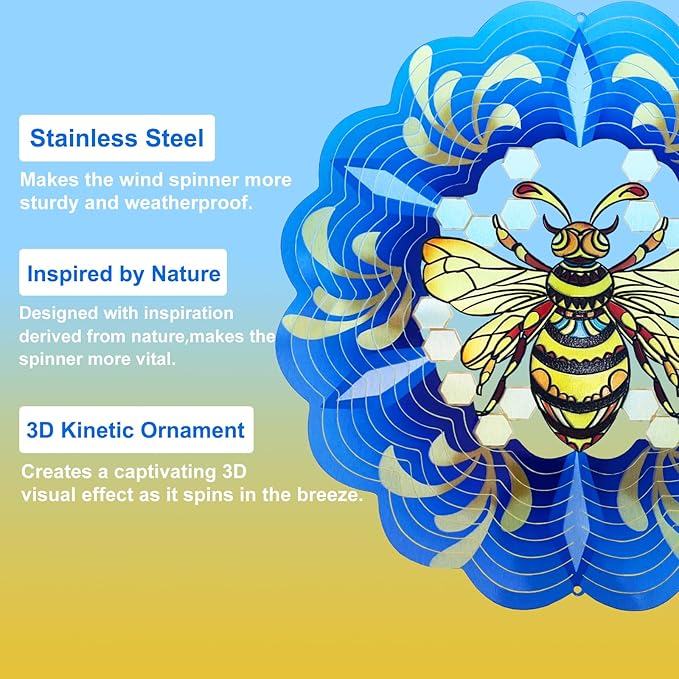 Bee Wind Spinners 3D Hanging Wind Spinner Bee Ornament Gifts for Women Mom Grandma,12inch Metal Spring Wind Kinetic Sculpture for Outdoor&Indoor Decor, Yard Art, Garden Decoration-VerdiqueGarden