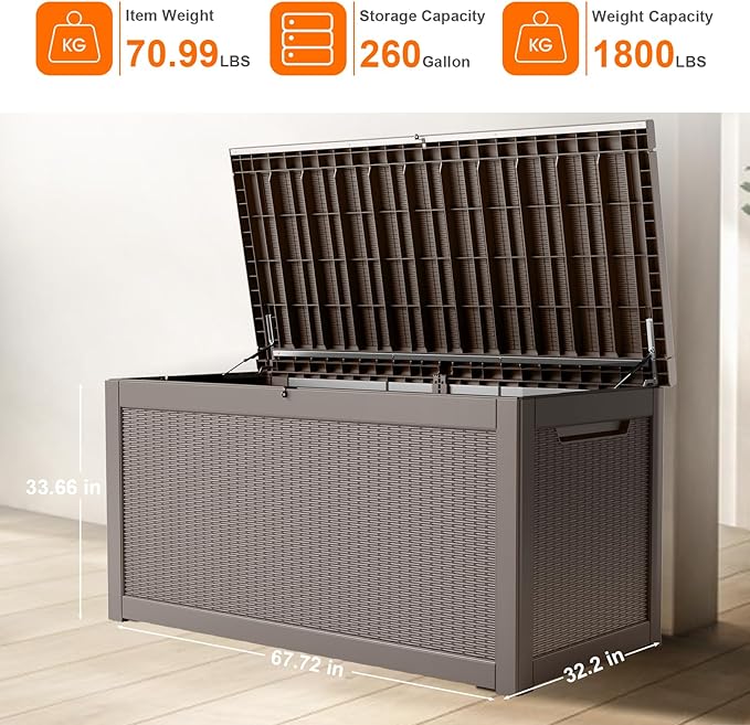 260 Gallon Resin Deck Box, Lockable Patio Outdoor Storage Box for Furniture, Garden Tools and Tools Storage, Waterproof Outside Storage Boxes - Grey-VerdiqueGarden