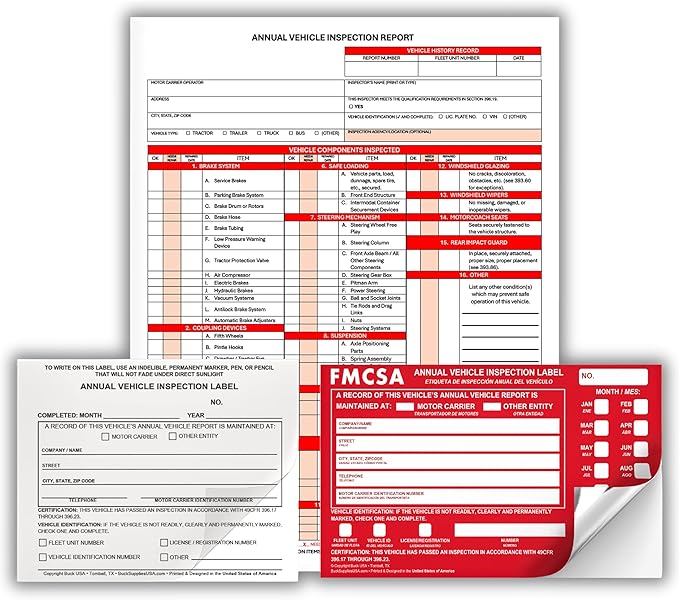5 Pack 3-Ply Carbonless Annual Vehicle Inspection Report Forms with FMCSA Red Aluminum Labels & White Mylar Laminate Vinyl Labels, DOT Inspection Forms and Stickers, Shrink-Wrapped, 8.5" x 11.75"-VerdiqueGarden