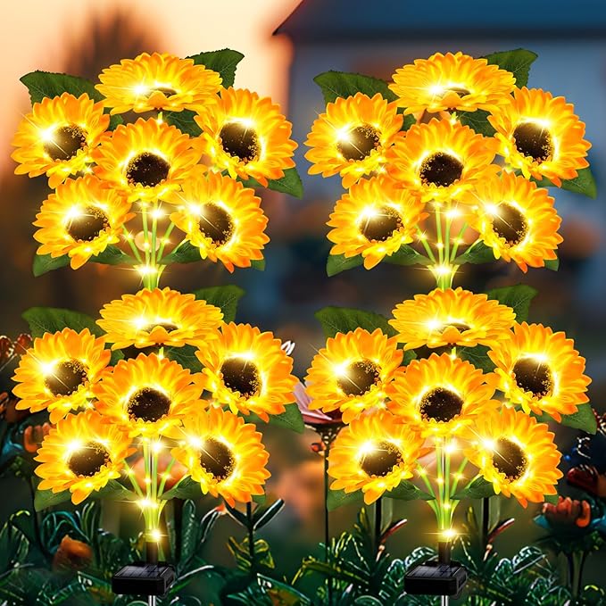 Solar Lights Outdoor Garden Decor,4 Pack with 24 Sunflower Lights,Solar Flowers Lights Waterproof,Sunflowers Gifts for Mom Women Grandma Birthday,Decorative Stakes Lights for Landscape Yard Patio Lawn-VerdiqueGarden