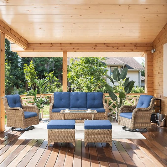 Wicker Outdoor Furniture Patio Furniture Set - 6 Piece Patio Conversation Set with Swivel Rocker Chairs, Rattan Sofa, Ottomans and Coffee Table, Blue Cushion-VerdiqueGarden