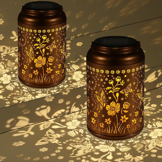 2 Pack Solar Lanterns Outdoor Waterproof, Butterflies Garden Decor Gifts for Women Mom Grandma Hanging Solar Lights Metal Decoration Outside for Yard, Patio-VerdiqueGarden