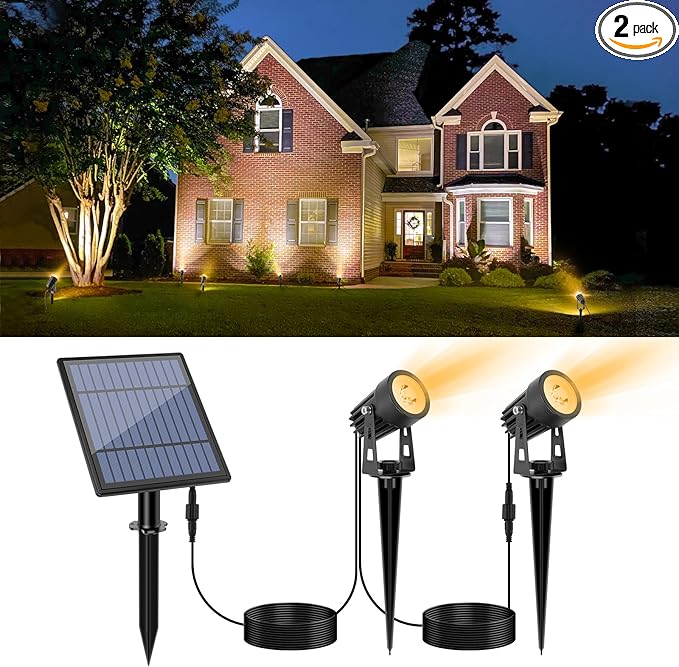 APONUO Metal Solar Spot Lights Outdoor with 9.8ft Cable Solar Powered Landscape Lighting Low Voltage IP65 Waterproof Auto On/Off for Outside Garden Yard Landscape Pathway Garage-Warm White(2-in-1)-VerdiqueGarden
