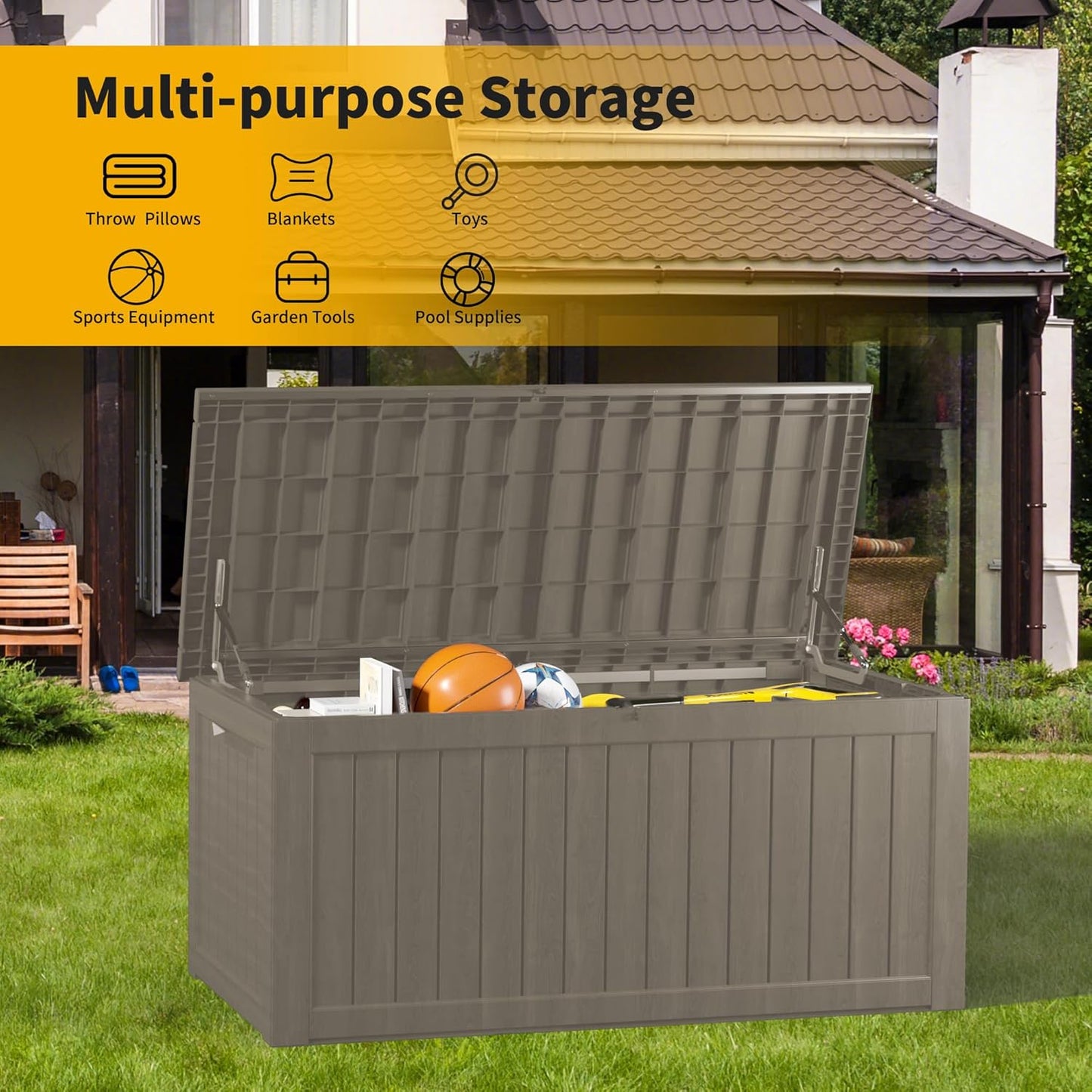 230 Gallon Double-Wall Resin Deck Box - Lockable Waterproof Outdoor Storage Box, 1000lbs Capacity & Doubles as Seating for Patio Furniture - Garden Tools, Pool Accessories (Brown)-VerdiqueGarden