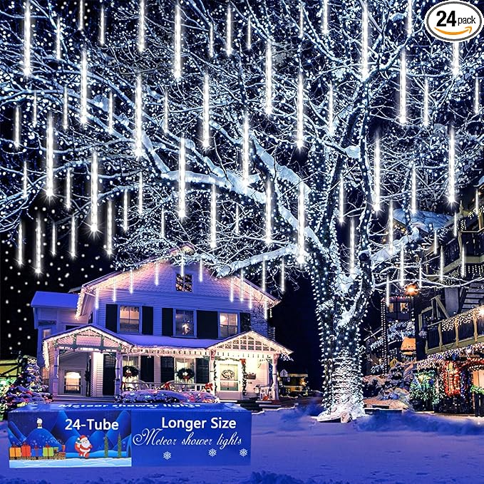 Aokudoni Christmas Lights Outdoor, 24 Tubes Meteor Shower Lights (Equivalent to 3 Sets of 8-Tubes), Waterproof Outside Christmas Decorations for Tree Window Yard Party Holiday, UL Plug, White-VerdiqueGarden