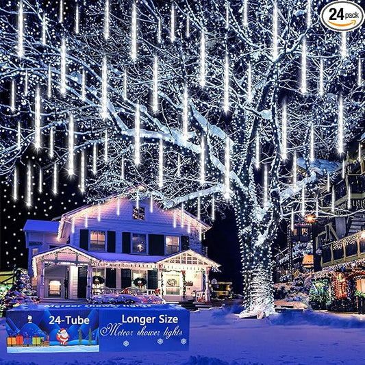 Aokudoni Christmas Lights Outdoor, 24 Tubes Meteor Shower Lights (Equivalent to 3 Sets of 8-Tubes), Waterproof Outside Christmas Decorations for Tree Window Yard Party Holiday, UL Plug, White-VerdiqueGarden