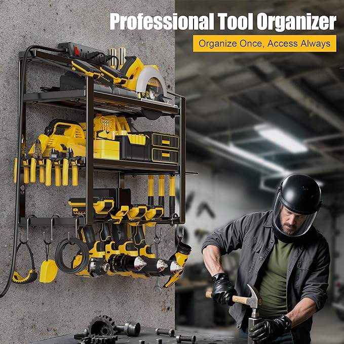 Power Tool Organizer With Charging Station, Heavy Duty Steel 4 Slots, Tool Battery Holder with 4 Outlet Power Strip, Easy To Install Garage Storage Rack for Workshop/Shed Gift For Men-VerdiqueGarden