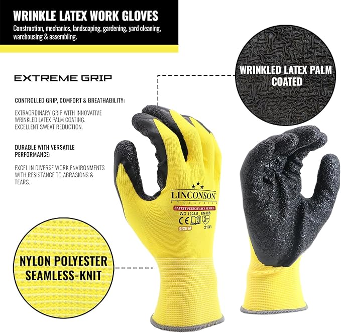 linconson 12 Pack Safety Performance Series Construction Mechanics Wrinkle Latex Work Gloves-VerdiqueGarden