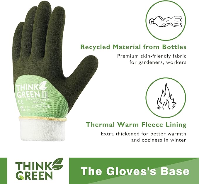 COOLJOB Thick Fleece Lined Winter Thermal Warm Freezer Work Gloves, 100% Recycled Polyester Base with Non-Slip Grip, Windproof for Cold Weather, 1 Pair, Large, Green-VerdiqueGarden