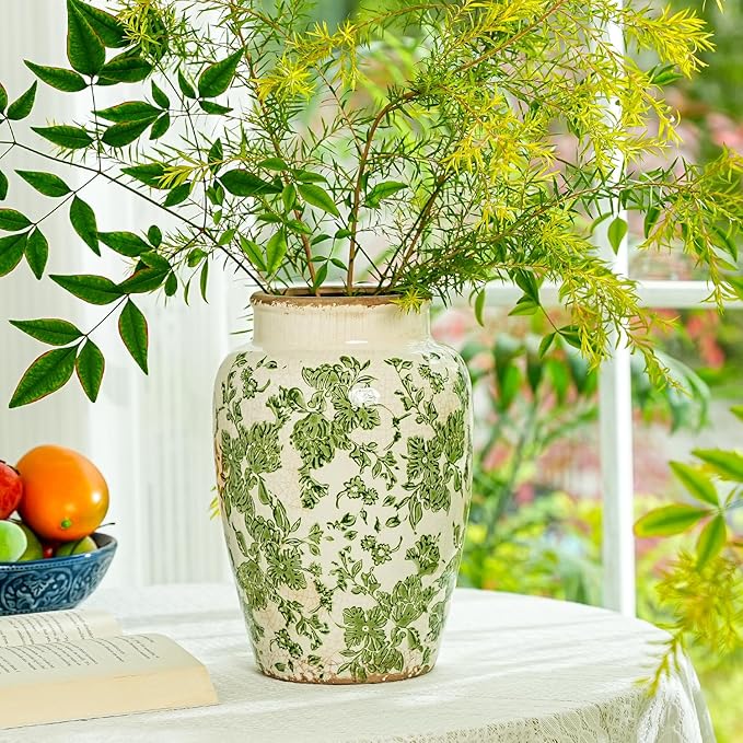 Sungmor Ceramic Flower Vase, Vintage Ice Cracked Glaze Porcelain Vase, Pretty Home Decor Vase for Flower Arrangement, Fresh Flowers, 10.2 Inch Tall Chinoiserie Pottery Vase, Green Floral Pattern-VerdiqueGarden