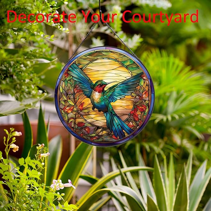 Hummingbirds Pattern Stained Glass Suncatchers for Windows,Hanging Stained Glass Suncatcher,20cm/7.87inch Hand-Painted Sun Catcher Garden Hangings Painted Glass Panel Decor Themed Gift-VerdiqueGarden