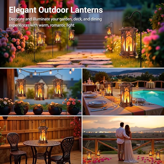 KOOPER Taller Solar Lanterns Outdoor Waterproof Hanging Solar Lantern Lights, 2Pack Upgraded Flickering Flame Lanterns Decorative Outdoor, Battery & Solar Powered lantern for Garden Yard Decor, Bronze-VerdiqueGarden