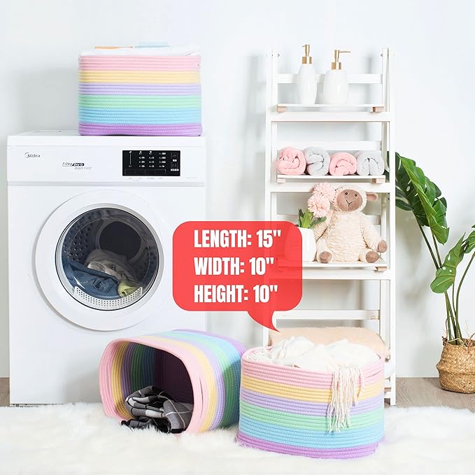 MINTWOOD Design Storage Basket for Shelves, Decorative Baskets for Organizing, Book Basket, Storage Cube Bin Box, Woven Closet Organizer, Pantry Closet and Shoe Basket, Pastel Rainbow-VerdiqueGarden