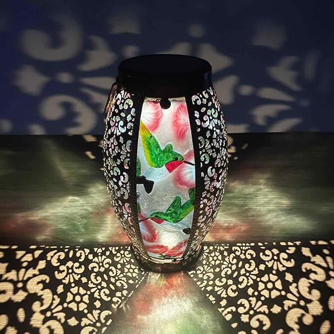 Hummingbird Solar Lanterns Glass & Metal Hanging Lantern Outdoor Waterproof 16" H Tabletop Light with Hollowed-Out Design for Garden Patio Table Decor Mother's Day Gift-VerdiqueGarden