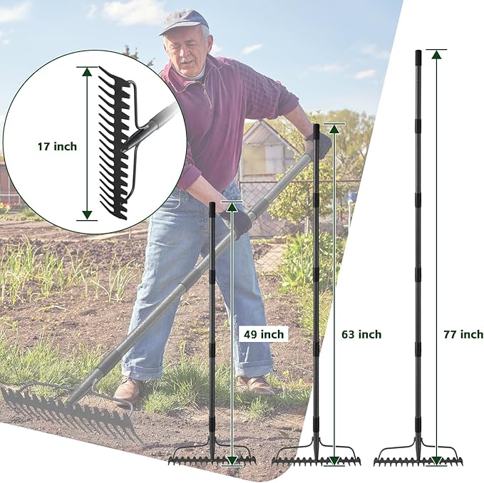 49'' Bow Rake ，17 Tines Metal Head Rakes with Stainless Steel Handle，Heavy Duty Garden Rake for Loosening Soil Gathering Leaf Leveling Lawn Farming Land Management Yarn Thatch Rake-VerdiqueGarden