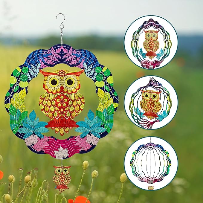TUOKING Owl Wind Spinners Outdoor Metal 3D Hanging Art Wind Spinner 12 Inch Stainless Steel for Yard and Garden Decoration Worth Gift for Women-VerdiqueGarden