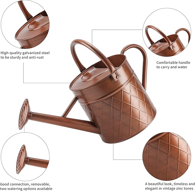1.75 Gallon Outdoor Metal Watering Can for Garden Plants,Copper Color Watering Can with Removable Spray Spout, Ideal for Outdoor Use (Copper)-VerdiqueGarden
