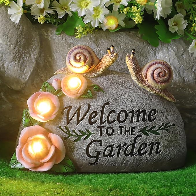 Snail Garden Statue Outdoor Decor Art Solar LED Light Welcome Sign Sculpture Auspicious Snail Resin Figurine Yard Porch Patio Lawn Decorations Housewarming Gifts for Mom Grandma Women-VerdiqueGarden