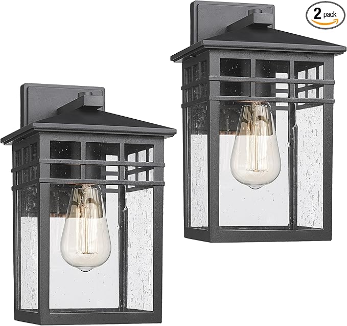 Outdoor Light Fixture Wall Mount, Modern Exterior Lights Fixture Wall Sconces with Seeded Glass for Front Porch, Farmhouse Waterproof Black Carriage Lantern Lamp Outside for Home, Garage, 2 Pack-VerdiqueGarden