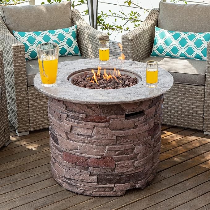 COSIEST Outdoor Propane Concrete Fire Pit Table w Imitation Stone Surface 32-inch Round Fire Table, CSA Certified, 40,000 BTU Stainless Steel Burner, Free Lava Rocks, Fits 20lb Tank Inside-VerdiqueGarden