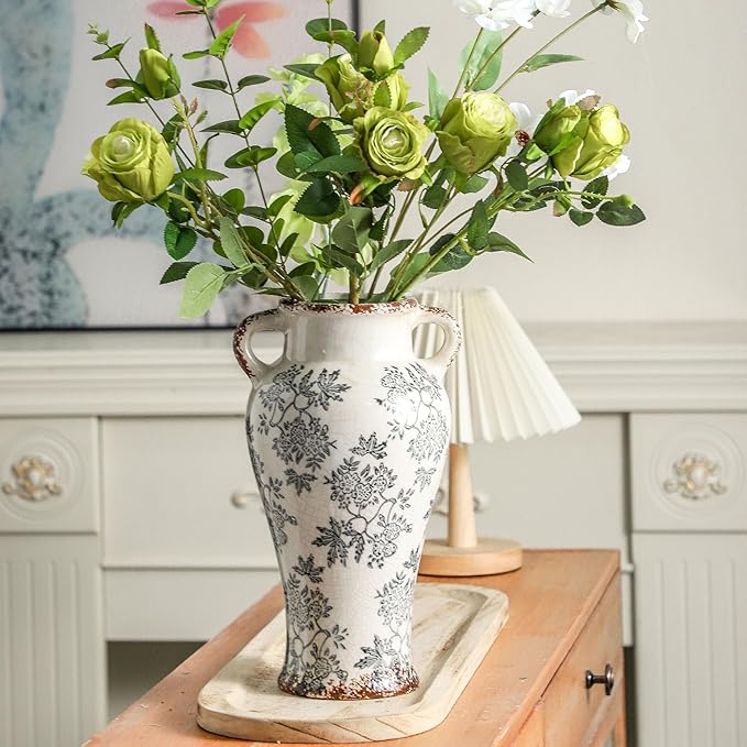 Enra Vintage vase with Handle,12.6 inch Blue and White Ceramic Decorative Flower vase, Chinoiserie Floral Vase,Large Rustic Vases for Home Decors, Living Room, Bookshelf, Office-VerdiqueGarden