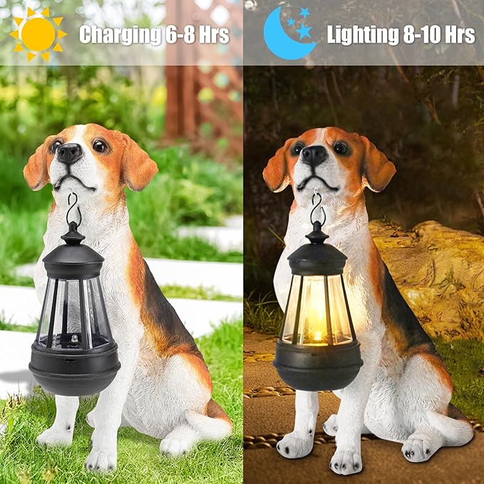 Garden Dog Statues Outdoor Decor, Solar Lights Outdoor Beagle Dog Statue Garden Decorations Solar Dog Ornaments for Patio, Lawn, Yard Art Decoration, Housewarming Garden Gift-VerdiqueGarden