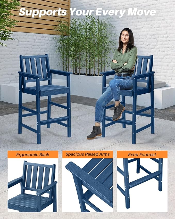 3 Pieces HDPE Outdoor Patio Bar Set, Rectangular Outdoor Bar Height Table and Chairs Set, Adirondack Patio Bar Stools Set, Outdoor Bar Table and Chairs Set for Balcony, Poolside, Porch, Navy-VerdiqueGarden