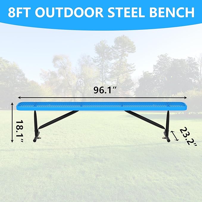96" L Outdoor Metal Benches, Heavy Duty Garden Park Bench for Outside, Expanded Metal, Commercial Benches Mesh Bench for Shopping Mall, Store, Lawn, Park, Patio, Deck, Garden (Blue, 8FT)-VerdiqueGarden