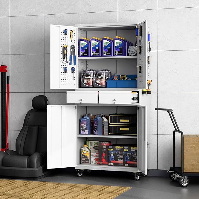 Metal Garage Storage Cabinet with Locking Doors and 2 Adjustable Shelves, Rolling Tool Storage Cabinet with 4 Wheels and 2 Drawer for Garage, Warehouse, White and Gray, Assembly Required-VerdiqueGarden
