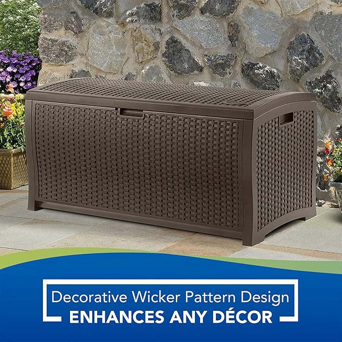 Suncast Outdoor Storage Box - 73 Gallon Mocha Brown Deck Box for Patio, Waterproof Outdoor Storage Bench, Resin Wicker Style, Heavy-Duty, Lockable Lid for Cushions, Shoes, Pool & Garden Gear-VerdiqueGarden
