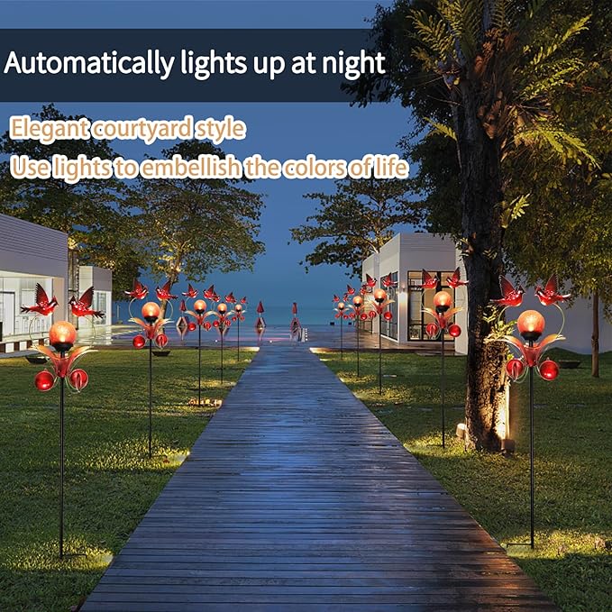 VCUTEKA Cardinal Solar Lights Outdoor Metal Garden Stake Waterproof Crackle Glass Globe Garden Decor Cardinal for Pathway, Lawn, Patio, Yard-VerdiqueGarden