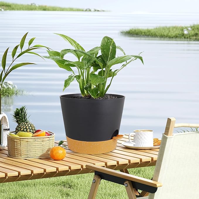 12 inch Large Self Watering Pots, Plant Pots with Mesh Drainage Holes for Indoor Outdoor Plants, Plastic Planters with Deep Reservoir for Garden House Flower Plants, Black with Brown-VerdiqueGarden