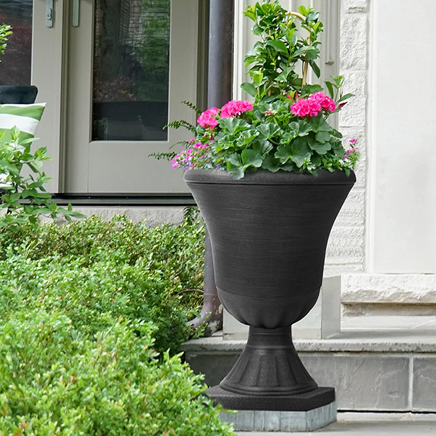 Worth Garden 2-Pack Plastic Urn Planters for Outdoor Plants, 22'' Black Tall Round Classic Resin Traditional Flower Pots - 15 in. Dia. Large Imitation Stone Decorative Pot Patio Deck Front Porch-VerdiqueGarden