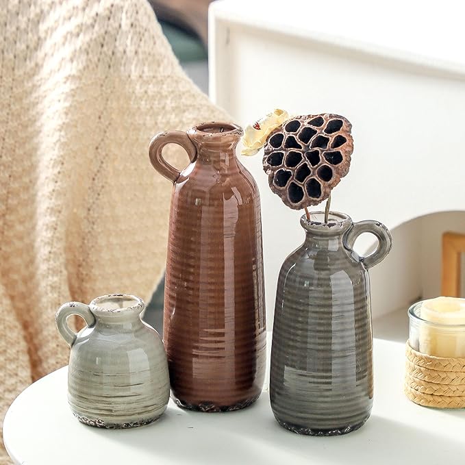 Ceramic Vases Set of 3, Neutral Rustic Farmhouse Vase with Handle, Decorative Flower Vases Home Decor Modern Boho Pampass Vase for Table Mantel Entryway Shelf Living Room Kitchen Bathroom - Brown-VerdiqueGarden
