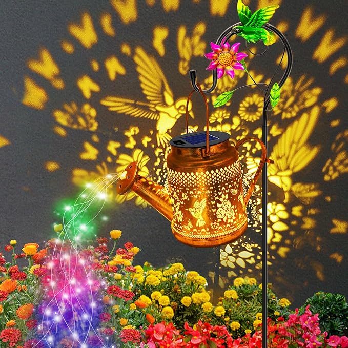2 Pack Solar Lanterns Outdoor Waterproof,Hummingbird Watering Can Garden Decor,Hanging Solar Path Lights Yard Art,Outside Patio Decorations Gardening Birthday Gifts for Mom Grandma Women (with Hook)-VerdiqueGarden