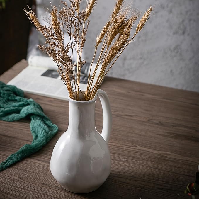 White Ceramic Vase with Big Handles, Modern Farmhouse Decor, Rustic Pottery for Flowers, Decorative Terracotta Centerpiece for Dining Table-VerdiqueGarden