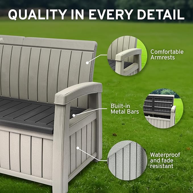 EconoHome 3 Seat Outdoor Storage Bench with Rain Cover - 90 Gallon Capacity - Weatherproof Resin Bench for Patio, Porch, Garden, Yard, Pool Area - Furniture for Pool Accessories, Gardening Tools-VerdiqueGarden