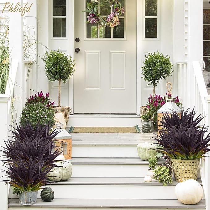 6Pcs Artificial Grass Fake Grass Plants 17.3in Outdoor Plants UV Resistant Faux Greenery Stems for Home Window Garden Office Patio Pathway Front Porch Halloween Décor Light Green & Purple-VerdiqueGarden