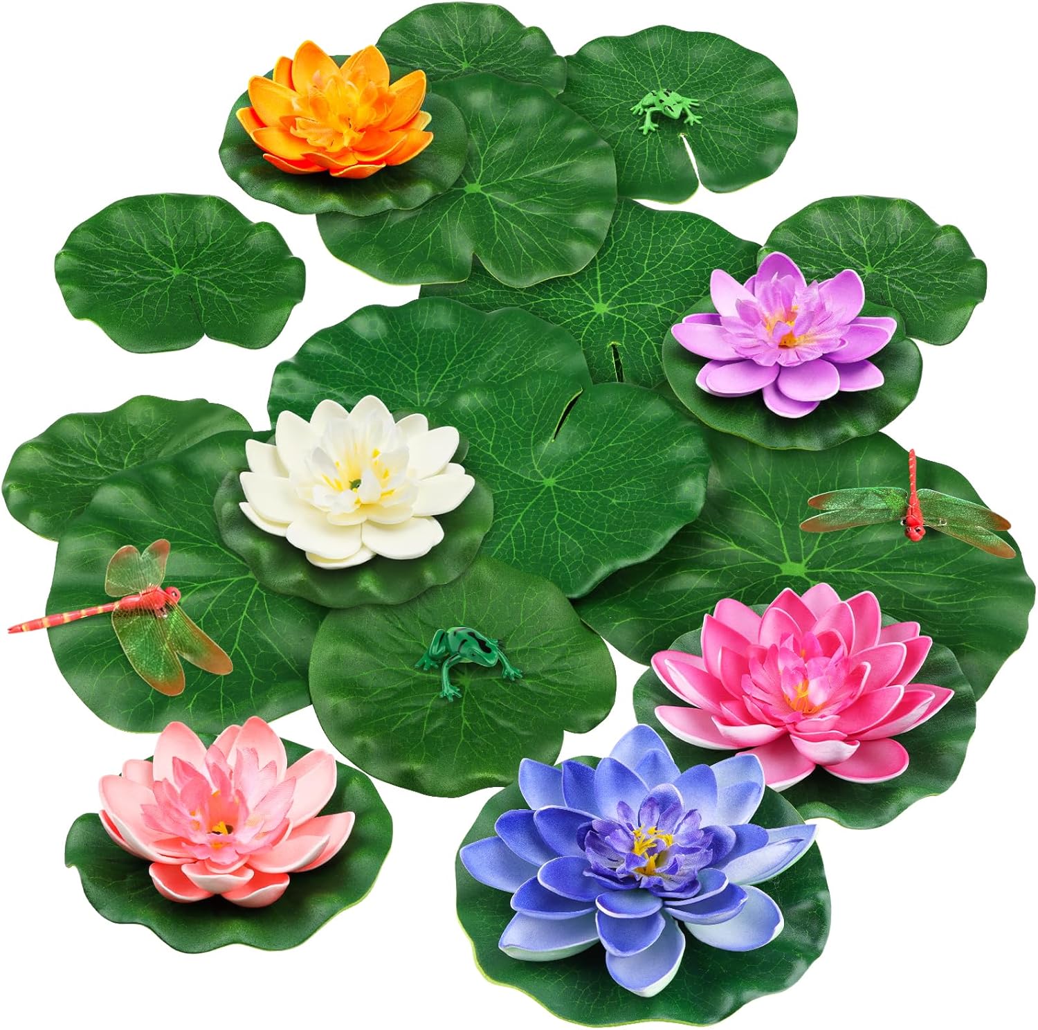 22 Pack Artificial Floating Foam Lotus Flowers with Artificial Frog Lotus Leaves, Lily Pads for Lake, Pond Plants Ornaments for Pool Water Decoration, Colorful-VerdiqueGarden