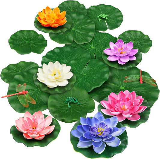22 Pack Artificial Floating Foam Lotus Flowers with Artificial Frog Lotus Leaves, Lily Pads for Lake, Pond Plants Ornaments for Pool Water Decoration, Colorful-VerdiqueGarden