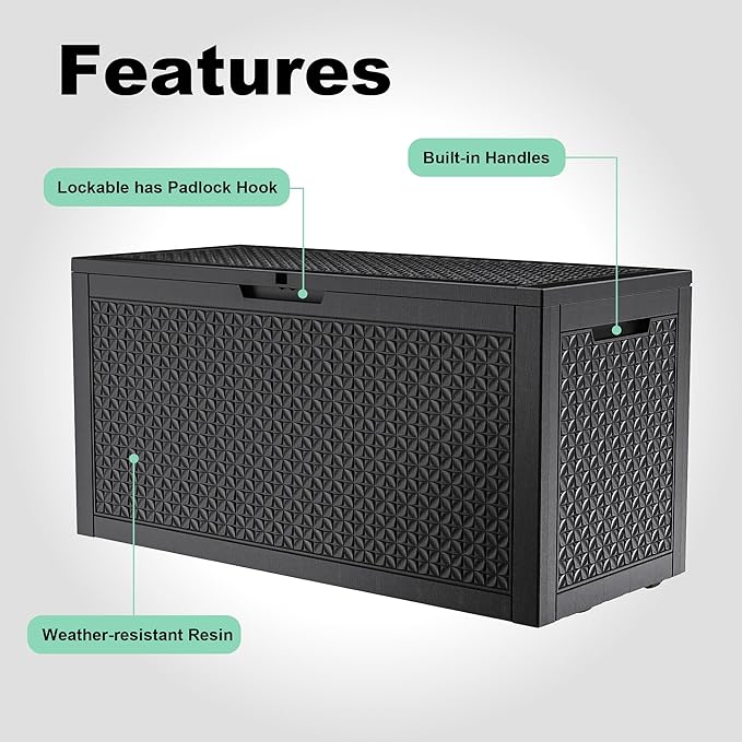 100 Gallon Resin Deck Box, Lockable Outdoor Storage Box for Patio Cushions Storage Furniture,Garden Tools, Pool Supplies, Weatherproof and UV Resistant（Black L）-VerdiqueGarden