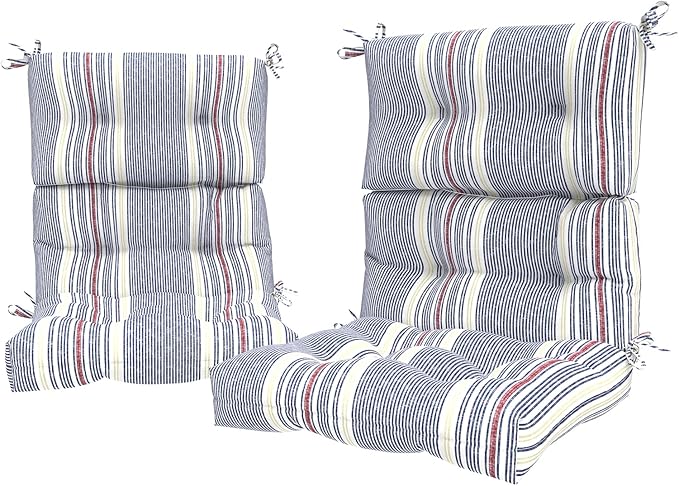 LVTXIII Outdoor Tufted High Back Cushions Set of 2 Patio Seasonal Replacement Rocking Chair Cushion with Ties, Solid Seat and Back Chair Cushion, (44” L x 22W”, Stripe Denim Blue)-VerdiqueGarden