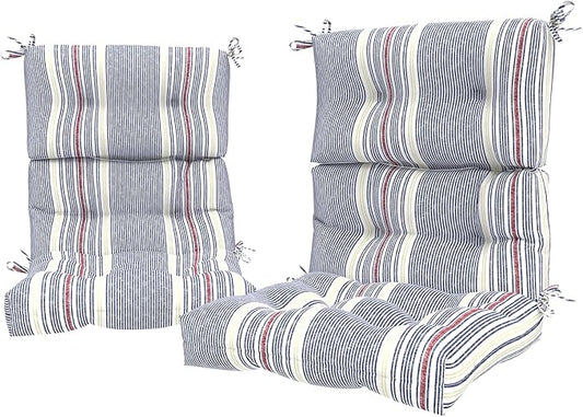 LVTXIII Outdoor Tufted High Back Cushions Set of 2 Patio Seasonal Replacement Rocking Chair Cushion with Ties, Solid Seat and Back Chair Cushion, (44” L x 22W”, Stripe Denim Blue)-VerdiqueGarden