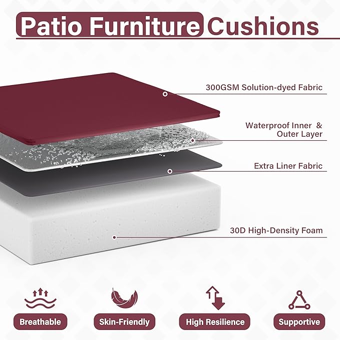 Patio Chair Cushions 22 X 22 X 4 Inch Waterproof Outdoor Seat Cushions for Patio Furniture, Outdoor Sofa Couch Pads with Ties & Handle, Set of 2, Burgundy-VerdiqueGarden