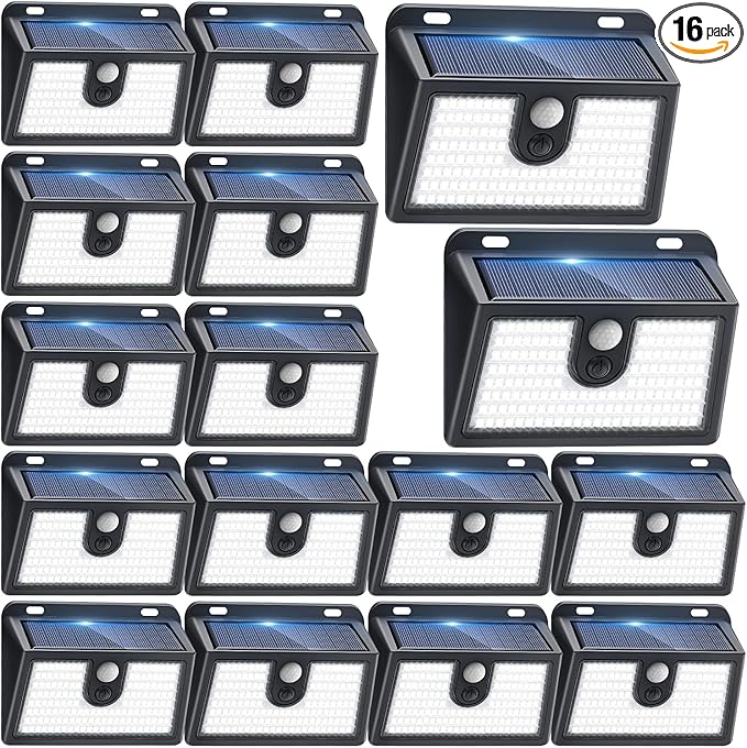 Solar Lights Outdoor Motion Sensor, 16 Pack 149 LED Waterproof Solar Powered Fence Lights, 3 Lighting Modes Security Wall Light for Outside Backyard Deck Garden Door Step Walking Dog, Cold Light 6500K-VerdiqueGarden