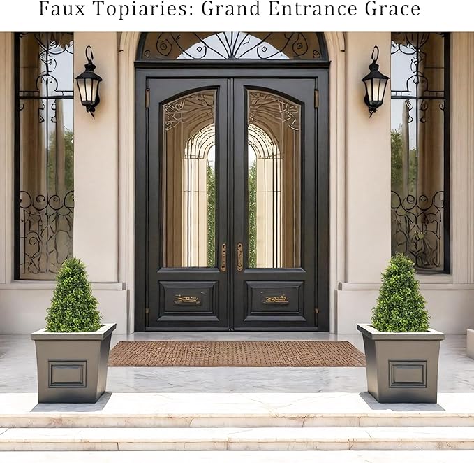 30" Artificial Boxwood Faux Plants Outdoor, UV Resistant Topiary Trees Realistic Cone-Shaped Fake Bushes and Shrubs Potted Fakeplants Set of 2 for Front Porch Patio Outside Planter Decor-VerdiqueGarden