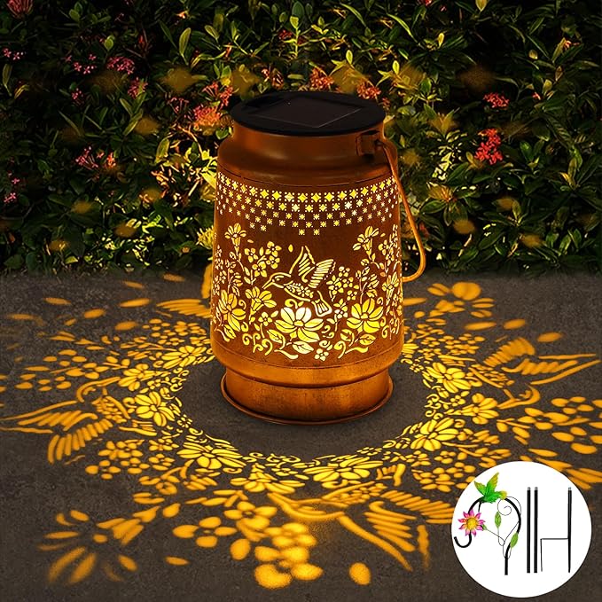Solar Lanterns Outdoor Hummingbird Garden Decor, Birthday Gifts for Women Mom Grandma Metal Hanging Lantern Lights Waterproof Solar Lights with Shepherd Hook LED Decoration for Garden Yard Patio Lawn-VerdiqueGarden