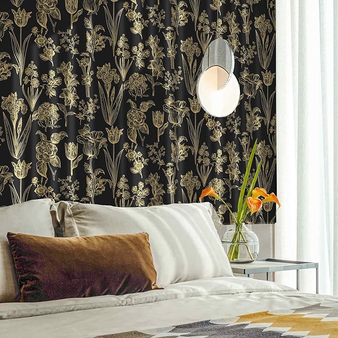 Dimoon 393"x17.3" Floral Wallpaper Peel and Stick Flowers Golden Black Contact Paper Thicken Waterproof Modern Self Adhesive Plants Wallpaper Removable Wall Paper Shelf Vinyl Roll-VerdiqueGarden