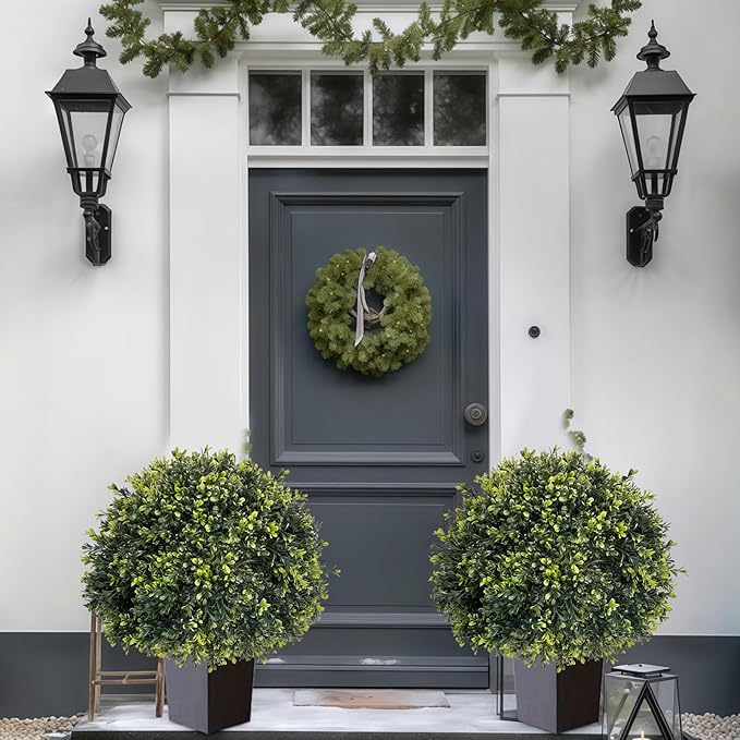 ICX 2 Pack 24" Artificial Boxwood Topiary Ball Trees with Ground Spike,Artificial Plants Outdoor,Fake Bushes & Shrubs for Porch, Garden, Front Porch Decor - Indoor/Outdoor Faux Plants-VerdiqueGarden