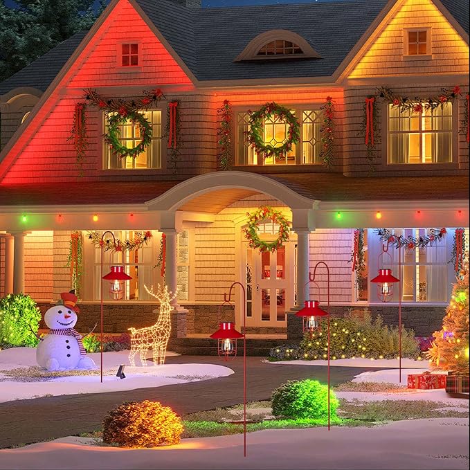 pearlstar Solar Lanterns Outdoor Christmas Metal Solar Powered Hanging Lights Waterproof for Wall Barn Yard Garden Patio Garage Balcony Porch Fence Decor, Warm White Edison Bulb (Red-2pack)-VerdiqueGarden